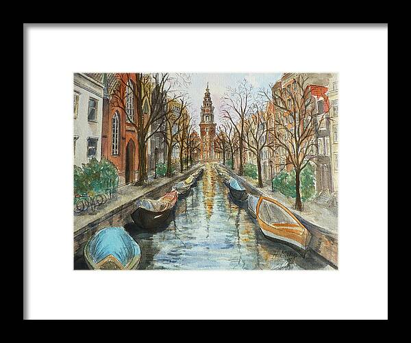 Architecture Framed Print featuring the painting Amsterdam by Henrieta Maneva
