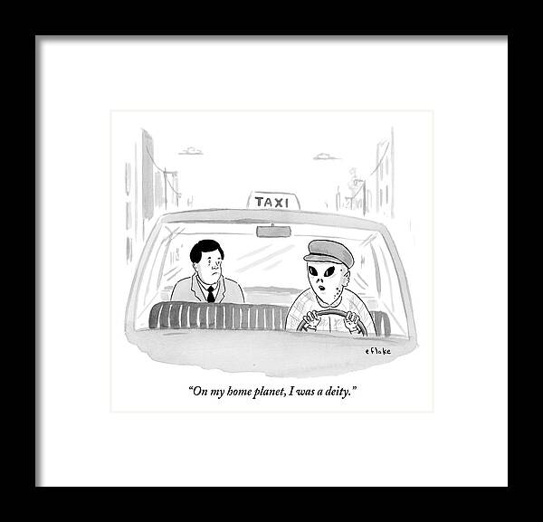 Alien Framed Print featuring the drawing An Alien Is Driving A Taxi And The Passenger by Emily Flake