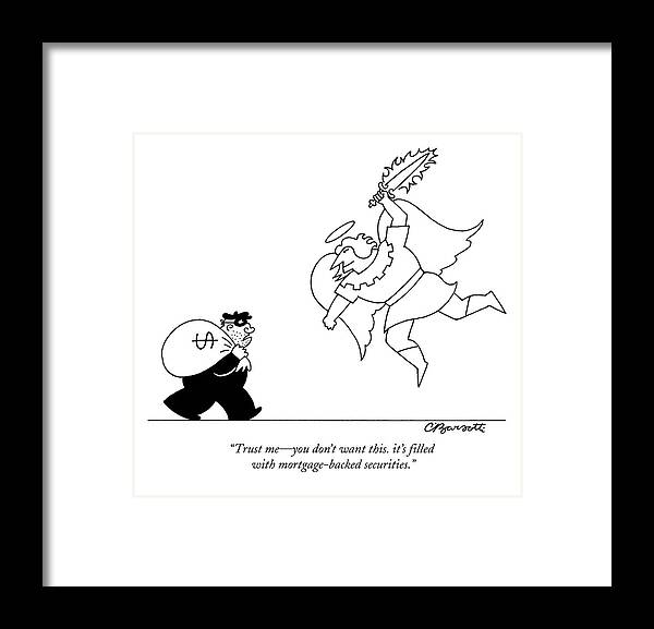 Captionless Framed Print featuring the drawing An Angel Holding A Flaming Sword Approaches by Charles Barsotti