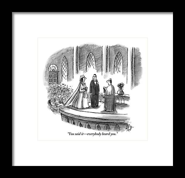 Weddings Framed Print featuring the drawing An Annoyed Wife Talks To Her Husband At The Altar by Frank Cotham