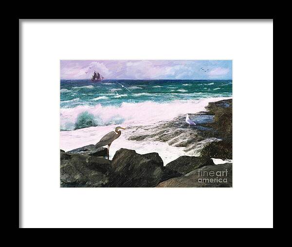 Seascape Framed Print featuring the digital art An Egret's View Seascape by Lianne Schneider