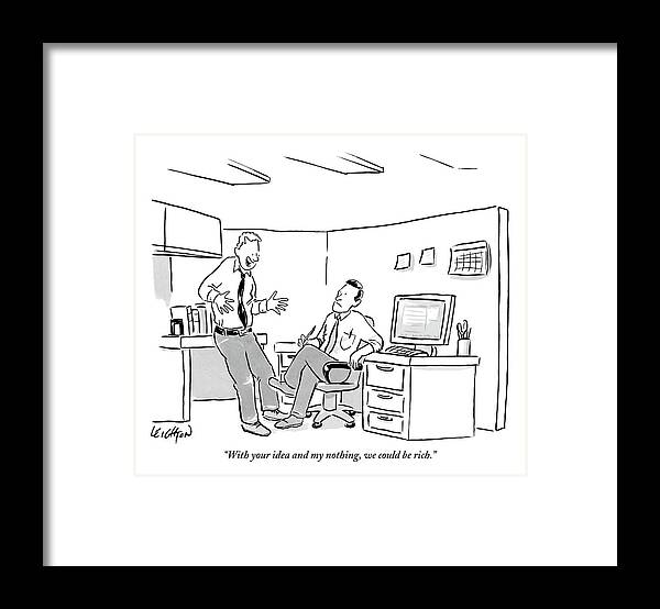 Idea Framed Print featuring the drawing An Excited Man Speaks To His Coworker by Robert Leighton