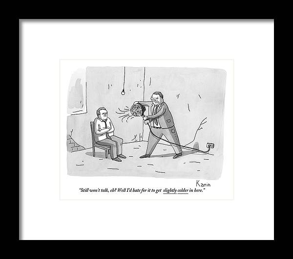 Interrogation Framed Print featuring the drawing An Interrogation Officer Points A Small Fan by Zachary Kanin