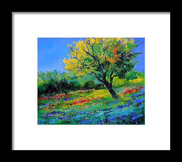Landscape Framed Print featuring the painting An oak amid flowers in Texas by Pol Ledent