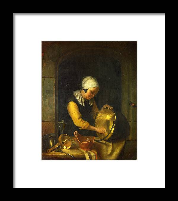 Godfried Schalcken Framed Print featuring the painting An Old Woman scouring a Pot by Godfried Schalcken