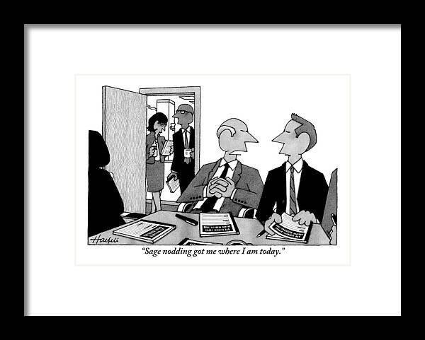 Meetings Framed Print featuring the drawing An Older Man Addresses A Younger Man At A Board by William Haefeli
