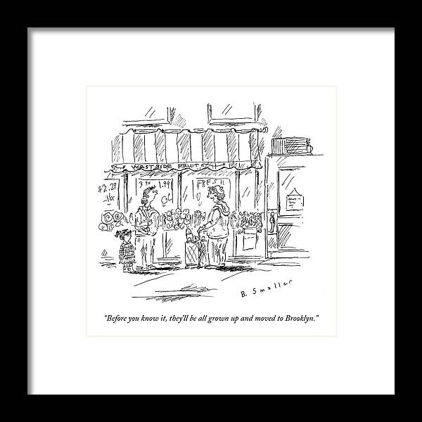Children Framed Print featuring the drawing An Older Woman Talks To A Middle Aged Woman by Barbara Smaller