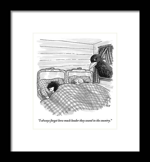 Travel Framed Print featuring the drawing An Overly Large Bird Peers Into The Bedroom by Carolita Johnson