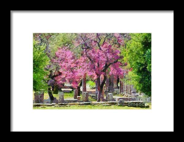 Olympia; Ancient; Spring; Springtime; Ilia; Ileia; Peloponnesus; Peloponnese; Trees; Flowers; Red; Pink; Nature; Greece; Greek; Hellas; Europe; European; Paint; Painting; Paintings Framed Print featuring the painting Ancient Olympia during springtime by George Atsametakis