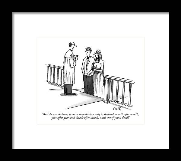 Relationships Framed Print featuring the drawing And Do You, Rebecca, Promise To Make Love Only by Tom Cheney