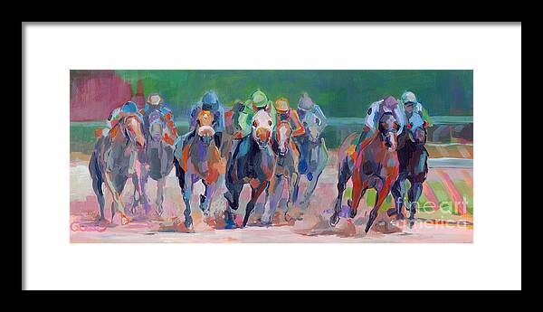 Saratoga Framed Print featuring the painting And Down the Stretch They Com by Kimberly Santini