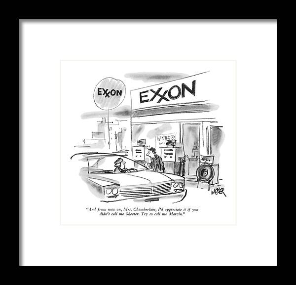 
 (gas Station Attendant To Woman In Car In Exxon Station. Formerly Known As 'esso.') Language Framed Print featuring the drawing And From Now by Robert Weber