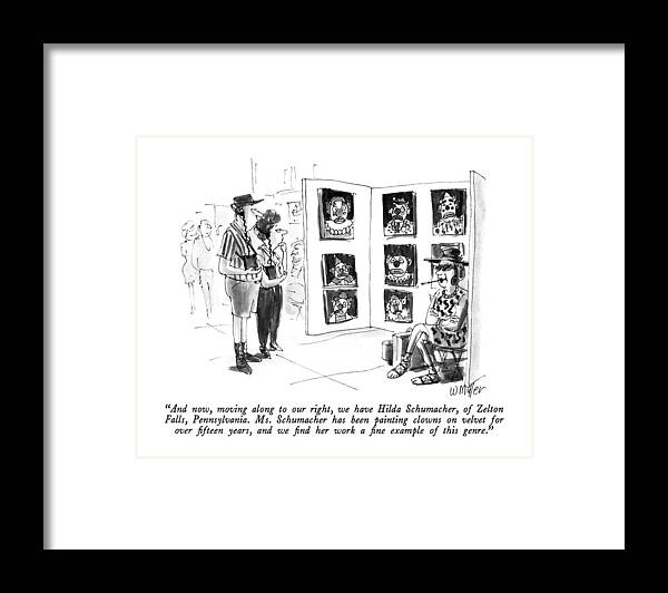 

 Tape Recorder To Man And Woman Who Stand At Open Air Sidewalk Art Display. -
Art Framed Print featuring the drawing And Now, Moving Along To Our Right, We Have Hilda by Warren Miller