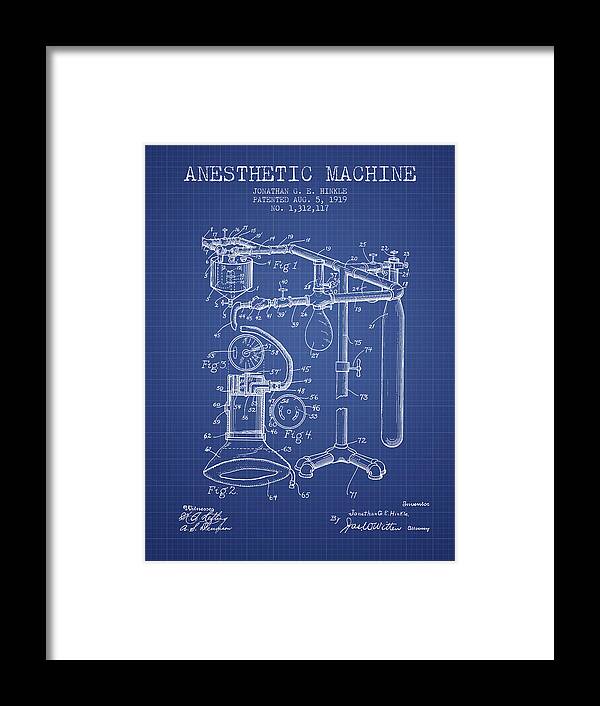 Anesthetic Framed Print featuring the digital art Anesthetic Machine patent from 1919 - Blueprint by Aged Pixel