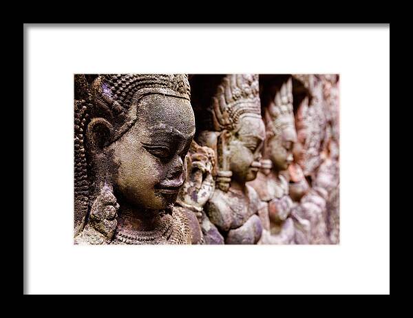Statue Framed Print featuring the photograph Angkor Wat Temple Wall Faces Detail by Daniel Osterkamp