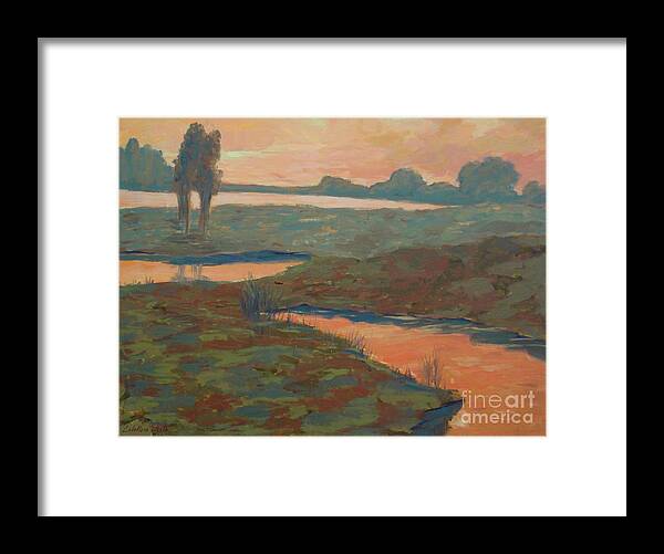 Seascapes Framed Print featuring the painting Anochecer En El Lago by Monica Elena