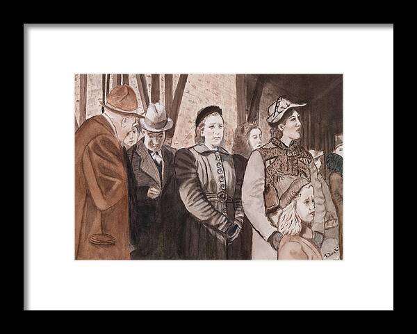 1940's War Sepia Print Train Station Women Framed Print featuring the painting Anticipated Arrival by Vickie G Buccini