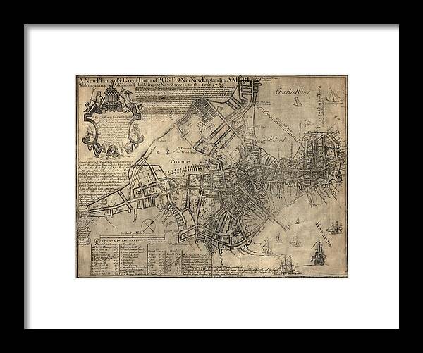 Boston Framed Print featuring the drawing Antique Map of Boston by William Price - 1769 by Blue Monocle