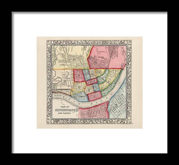 Cincinnati Framed Print featuring the drawing Antique Map of Cincinnati Ohio by Samuel Augustus Mitchell - 1863 by Blue Monocle