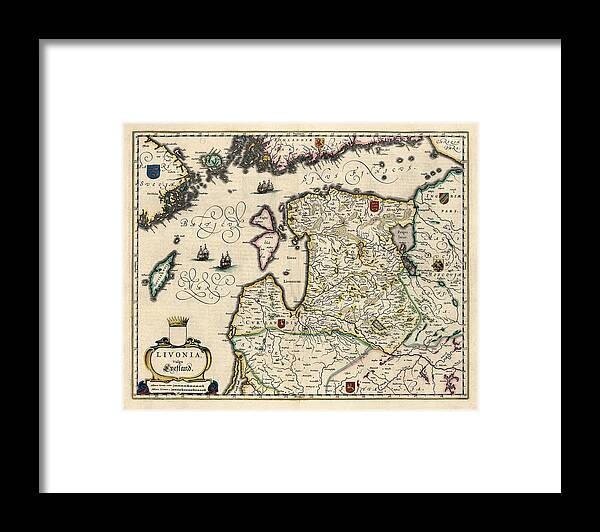 Estonia Framed Print featuring the drawing Antique Map of Estonia Latvia and Lithuania by Willem Janszoon Blaeu - 1647 by Blue Monocle