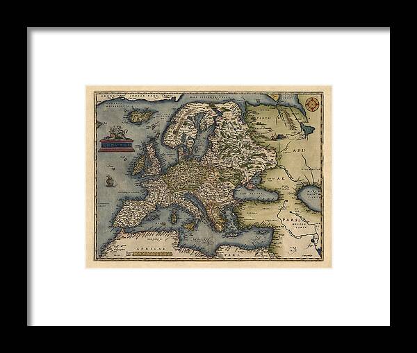 Europe Framed Print featuring the drawing Antique Map of Europe by Abraham Ortelius - 1570 by Blue Monocle