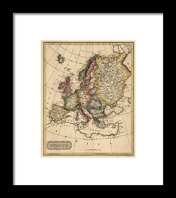 Europe Framed Print featuring the drawing Antique Map of Europe by Fielding Lucas - circa 1817 by Blue Monocle