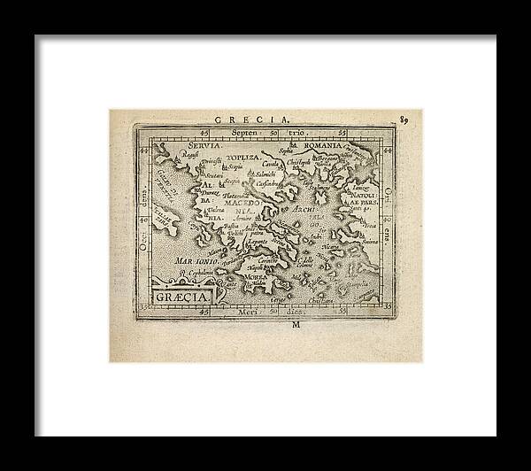 Greece Framed Print featuring the drawing Antique Map of Greece by Abraham Ortelius - 1603 by Blue Monocle