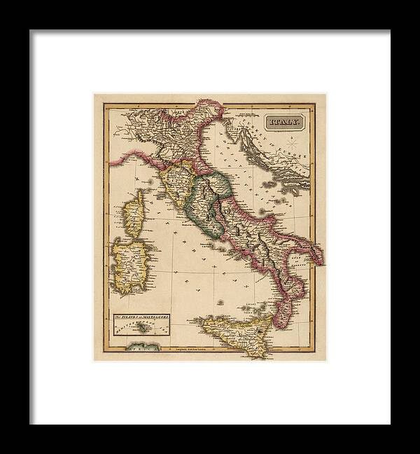 Italy Framed Print featuring the drawing Antique Map of Italy by Fielding Lucas - circa 1817 by Blue Monocle