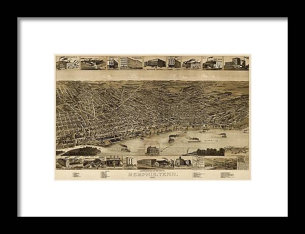 Memphis Framed Print featuring the drawing Antique Map of Memphis Tennessee by H. Wellge - 1887 by Blue Monocle