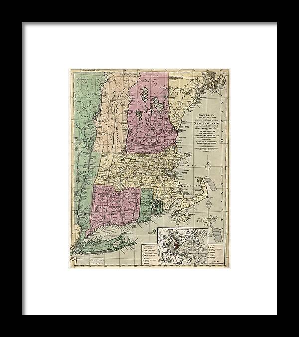 New England Framed Print featuring the drawing Antique Map of New England by Carington Bowles - circa 1780 by Blue Monocle