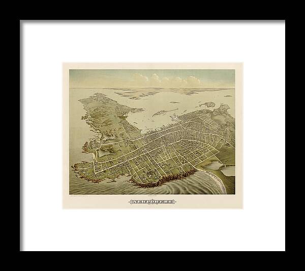 Newport Framed Print featuring the drawing Antique Map of Newport Rhode Island by Galt and Hoy - 1878 by Blue Monocle