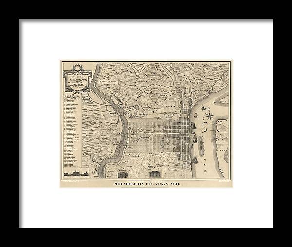 Philadelphia Framed Print featuring the drawing Antique Map of Philadelphia by P. C. Varte - 1875 by Blue Monocle
