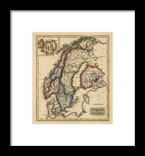 Norway Framed Print featuring the drawing Antique Map of Scandinavia by Fielding Lucas - circa 1817 by Blue Monocle