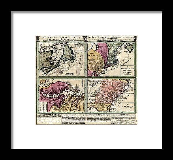 Colonial America Framed Print featuring the drawing Antique Map of Colonial America by Homann Erben - circa 1760 by Blue Monocle