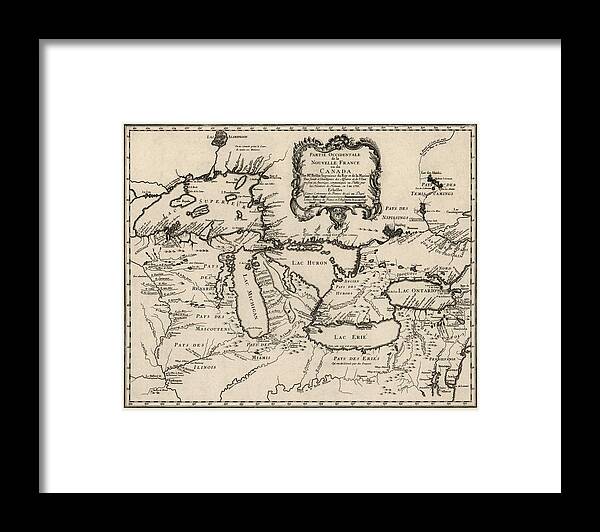 Great Lakes Framed Print featuring the drawing Antique Map of the Great Lakes by Jacques Nicolas Bellin - 1755 by Blue Monocle