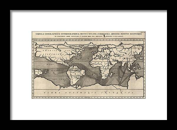 World Framed Print featuring the drawing Antique Map of the World by Athanasius Kircher - 1668 by Blue Monocle