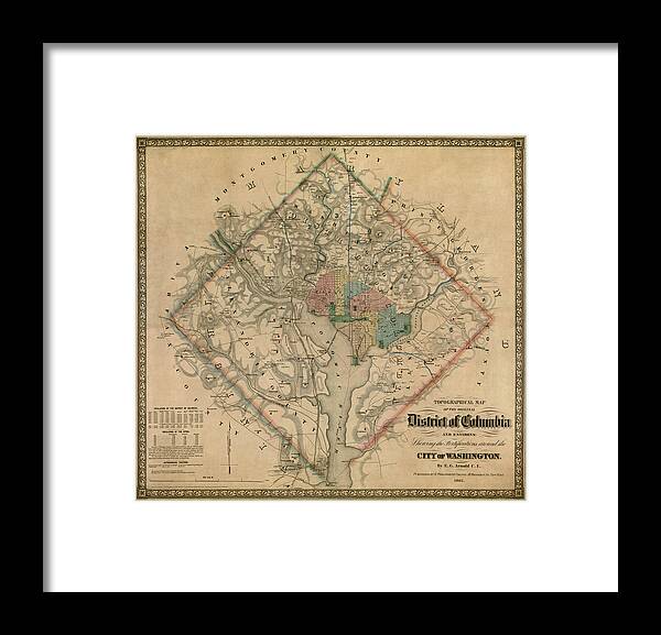 Washington Dc Framed Print featuring the drawing Antique Map of Washington DC by Colton and Co - 1862 by Blue Monocle