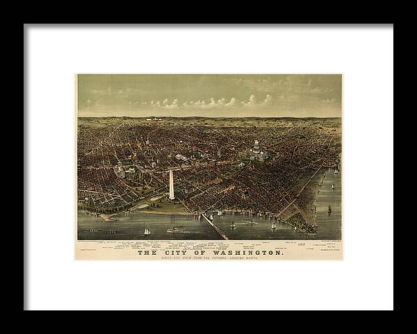 Washington Dc Framed Print featuring the drawing Antique Map of Washington DC by Currier and Ives - circa 1892 by Blue Monocle