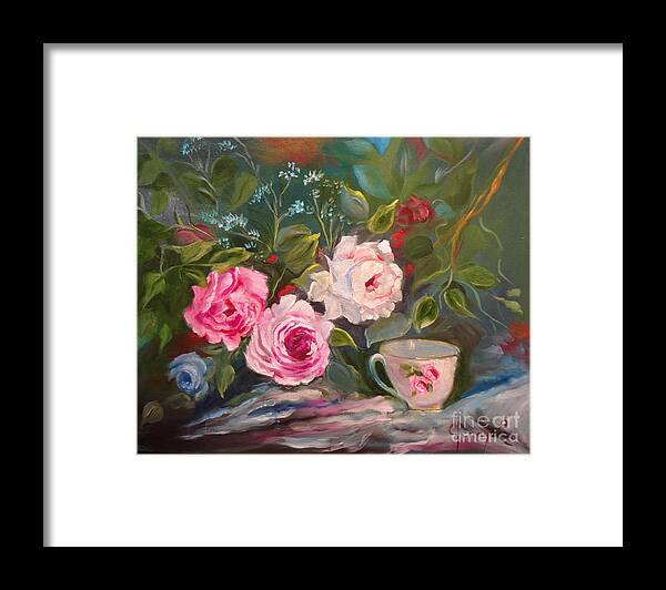 Teacup And Roses Canvas Print Framed Print featuring the painting Anyone for Tea? by Jenny Lee