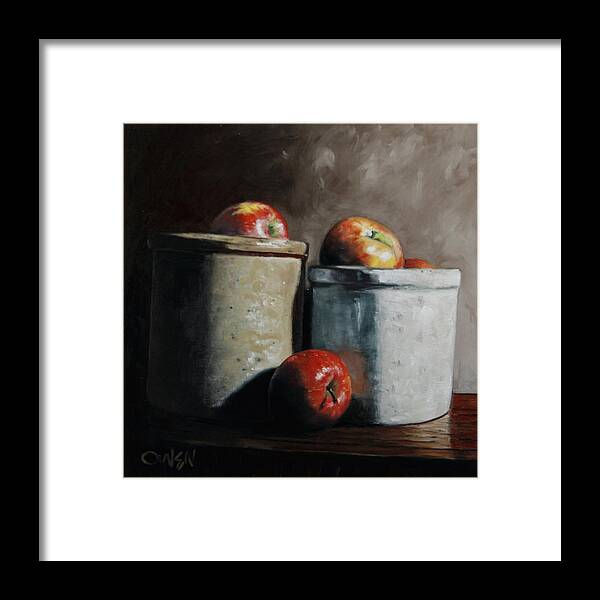 Still Life Oil Painting Framed Print featuring the painting Apples and Jars by Rob Owen
