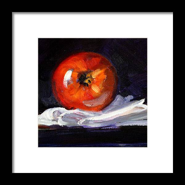 Red Framed Print featuring the painting Apple on Linen by Nancy Merkle