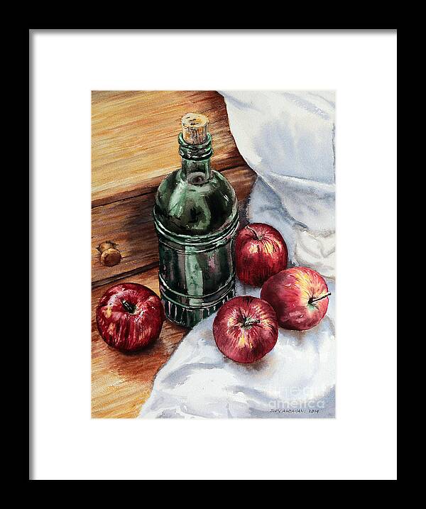 Watercolor Framed Print featuring the painting Apples and a Bottle of Liqueur by Joey Agbayani