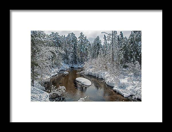 Grand Marais Michigan; Grand Marais Creek; Winter; Winter Landscape; Creek;river;snow;snowstorm;wilderness;forest; Framed Print featuring the photograph April Snow by Gary McCormick