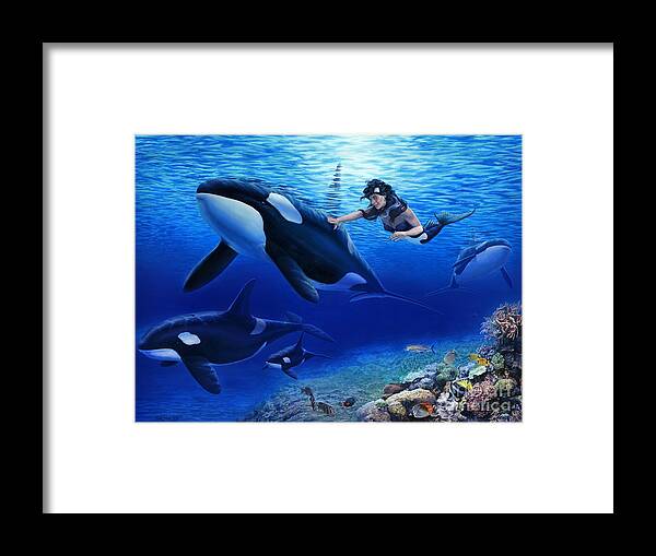 Mermaid Framed Print featuring the painting Aquaria's Orcas by Stu Shepherd
