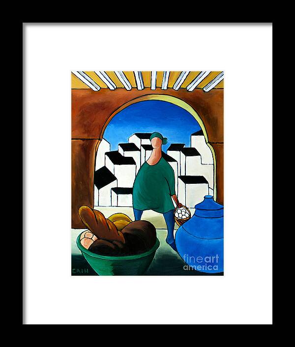 Mediterranean Village Framed Print featuring the painting Arch Bread Eggs And Blue Vase by William Cain