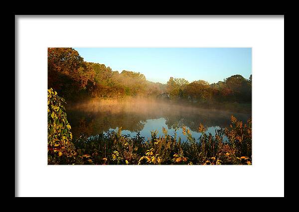 Autumn Framed Print featuring the photograph As The Sun And Mist Rise The Day Begins by Angie Tirado