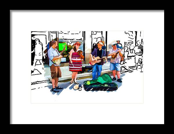 Buskers Framed Print featuring the mixed media Asheville Buskers by John Haldane