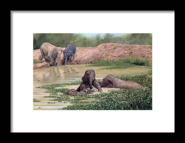 Elephant Framed Print featuring the painting Asian Elephants - In support of Boon Lott's Elephant Sanctuary by Rachel Stribbling