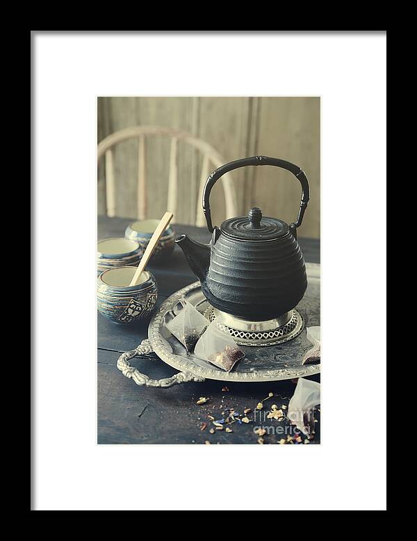 Asia Framed Print featuring the photograph Asian teapot with cups and herbal bags of tea by Sandra Cunningham