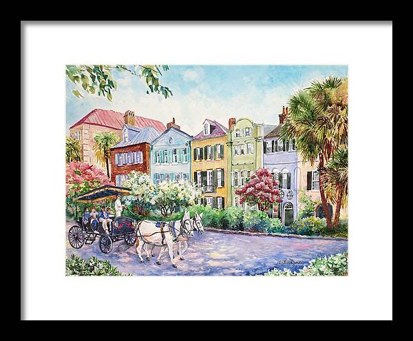 Charleston Framed Print featuring the painting Assault and Battery on Rainbow Row by Alice Grimsley